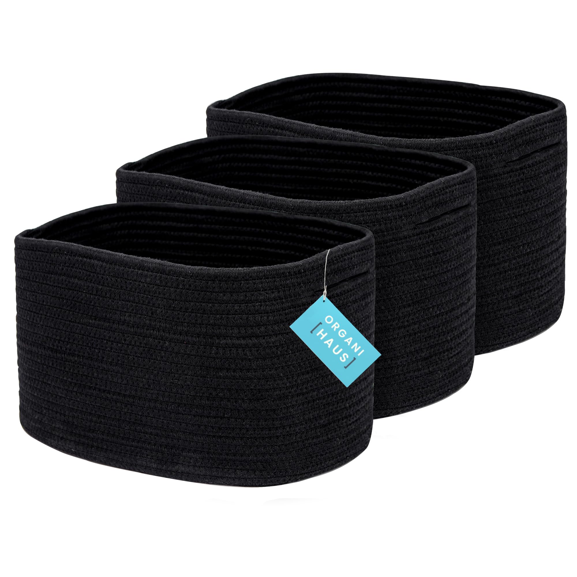 Organihaus Black Baskets For Organizing 3-Pack Storage Baskets | Decorative Woven Cotton Rope Towel Baskets For Bathroom And Shelves